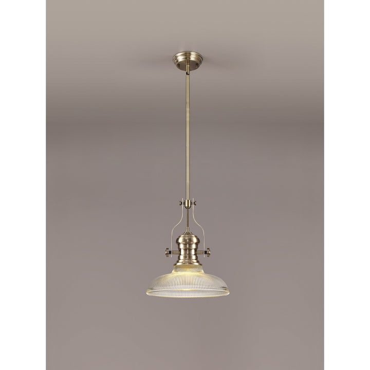 Nelson Lighting NLK01169 Louis 1 Light Telescopic Pendant With 30cm Round Glass Shade Antique Brass/Clear