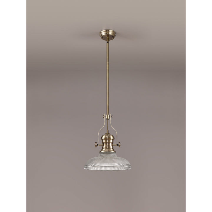 Nelson Lighting NLK01169 Louis 1 Light Telescopic Pendant With 30cm Round Glass Shade Antique Brass/Clear