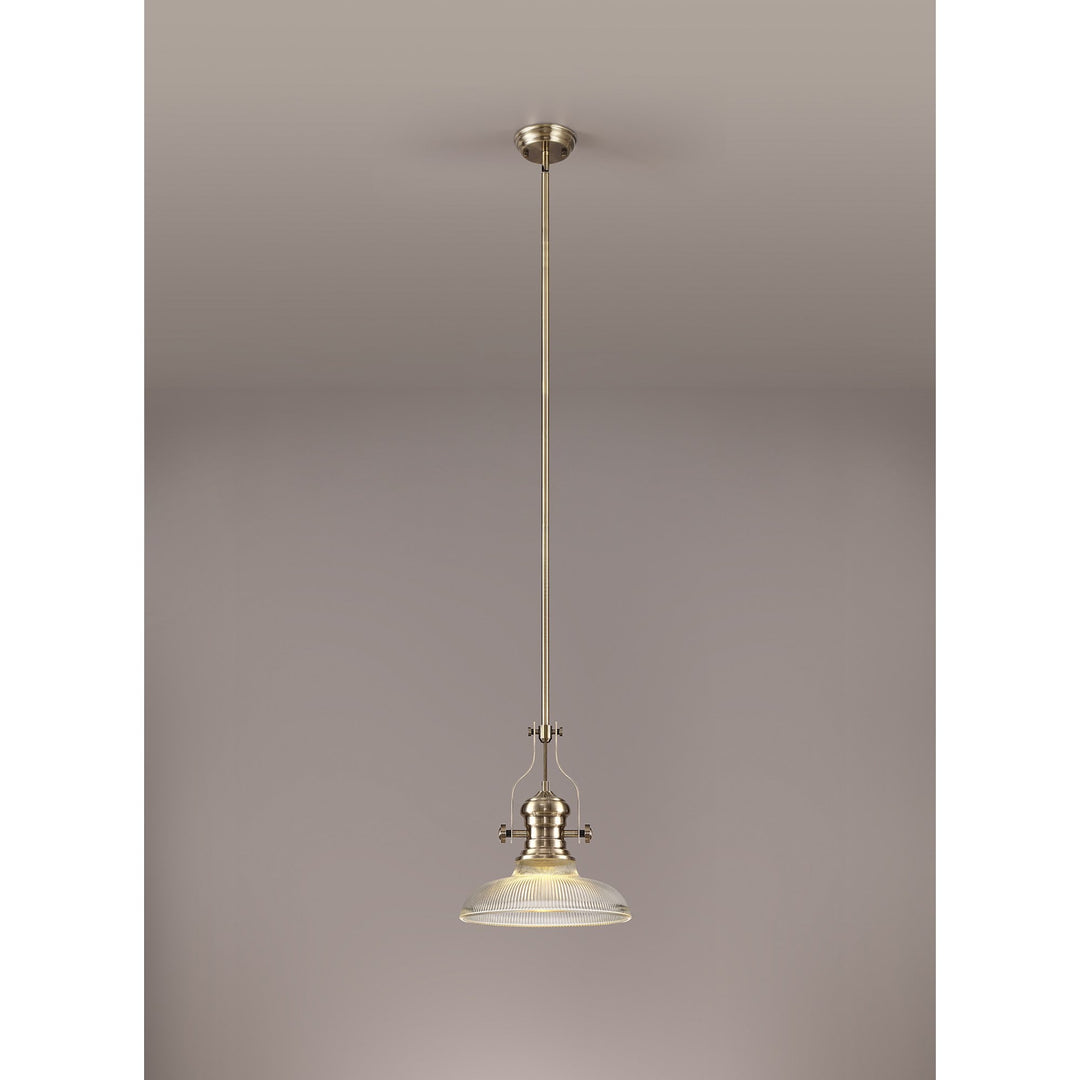 Nelson Lighting NLK01169 Louis 1 Light Telescopic Pendant With 30cm Round Glass Shade Antique Brass/Clear