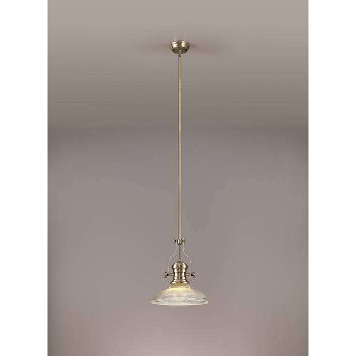 Nelson Lighting NLK01169 Louis 1 Light Telescopic Pendant With 30cm Round Glass Shade Antique Brass/Clear