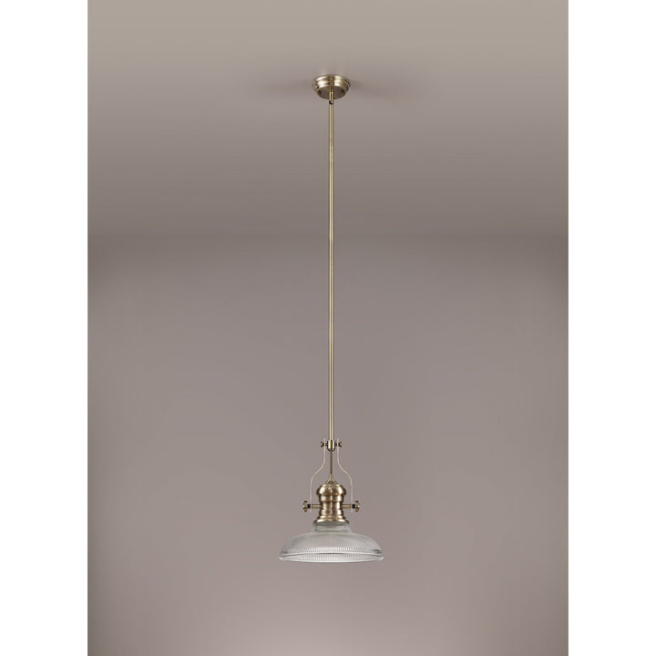 Nelson Lighting NLK01169 Louis 1 Light Telescopic Pendant With 30cm Round Glass Shade Antique Brass/Clear