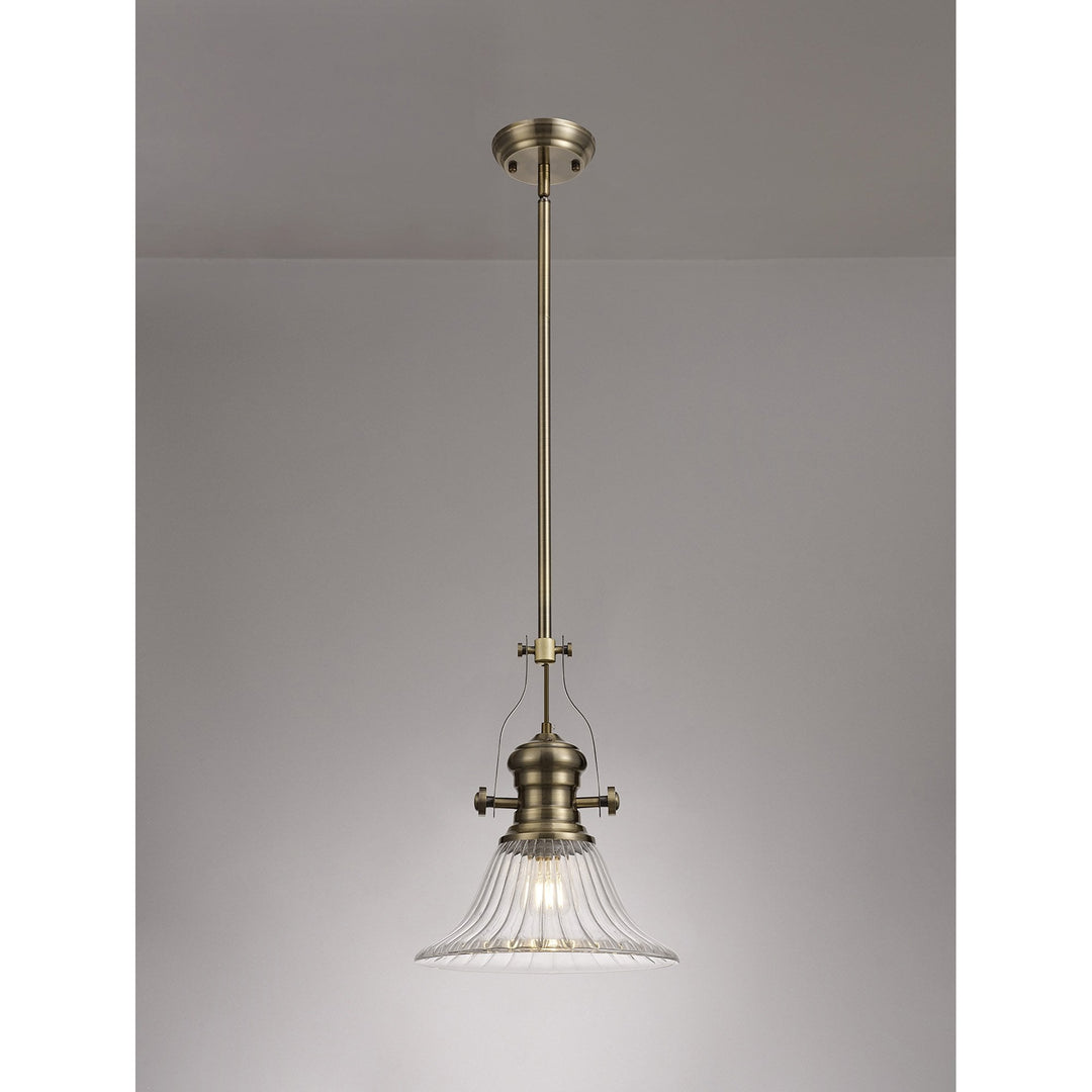 Nelson Lighting NLK01179 Louis 1 Light Telescopic Pendant With 30cm Bell Glass Shade Antique Brass/Clear