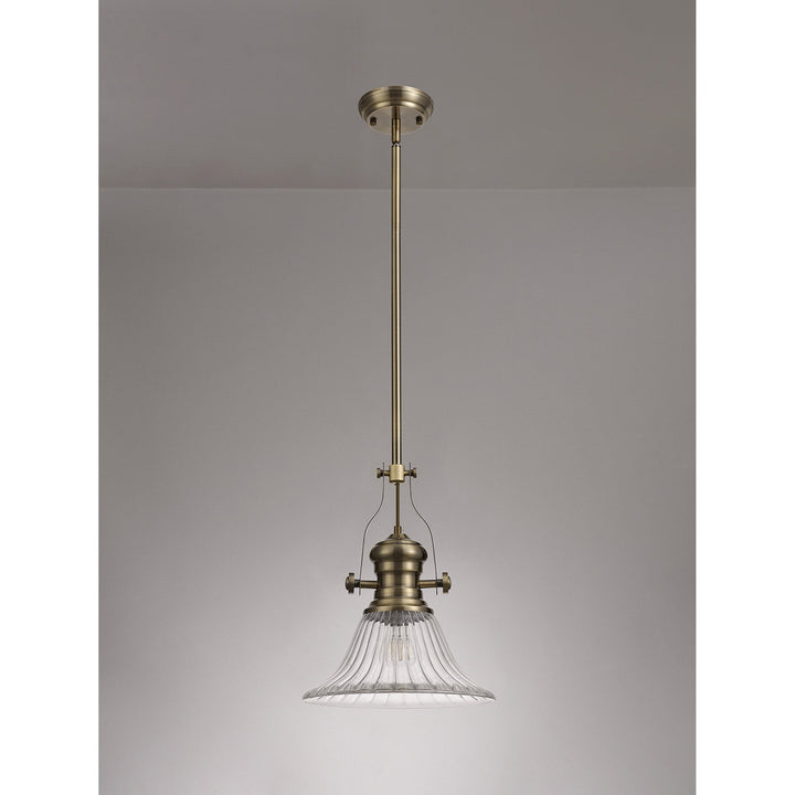 Nelson Lighting NLK01179 Louis 1 Light Telescopic Pendant With 30cm Bell Glass Shade Antique Brass/Clear