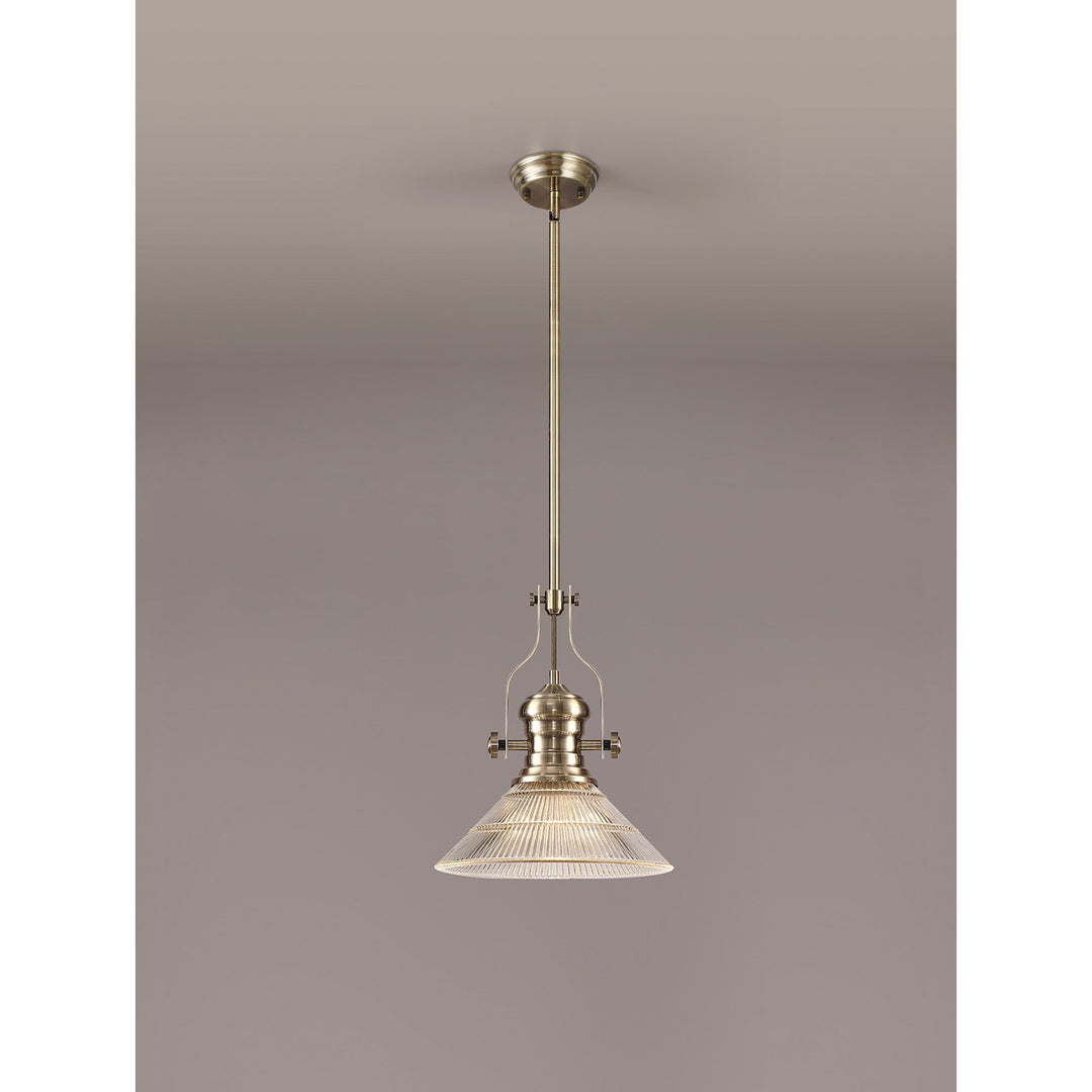 Nelson Lighting NLK01189 Louis 1 Light Telescopic Pendant With 30cm Cone Glass Shade Antique Brass/Clear