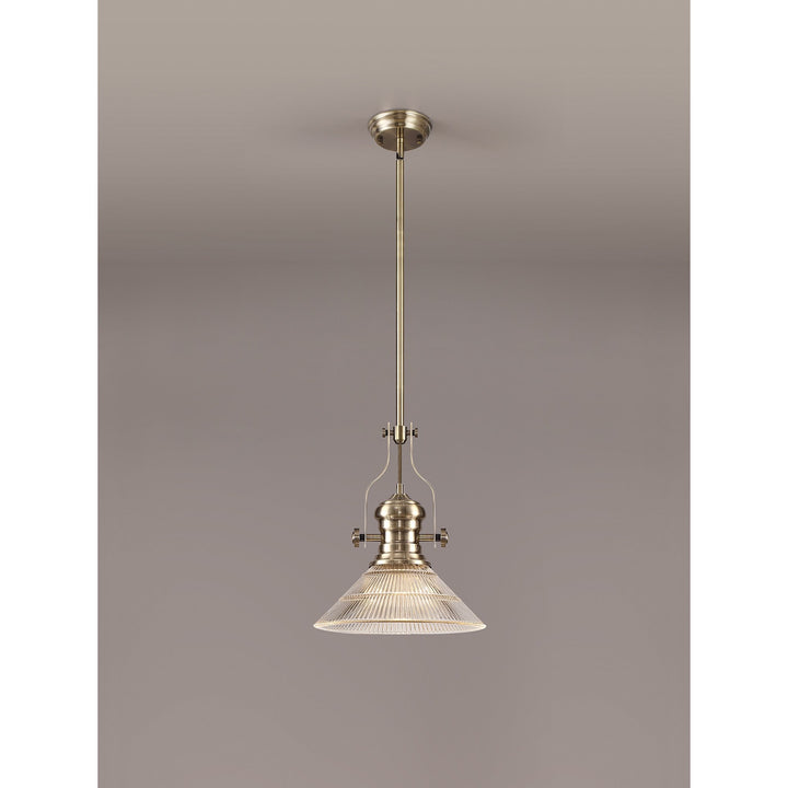 Nelson Lighting NLK01189 Louis 1 Light Telescopic Pendant With 30cm Cone Glass Shade Antique Brass/Clear