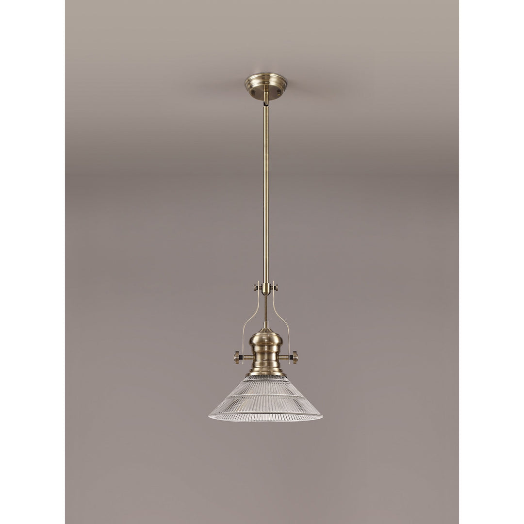 Nelson Lighting NLK01189 Louis 1 Light Telescopic Pendant With 30cm Cone Glass Shade Antique Brass/Clear