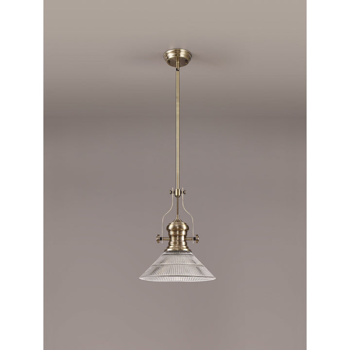 Nelson Lighting NLK01189 Louis 1 Light Telescopic Pendant With 30cm Cone Glass Shade Antique Brass/Clear