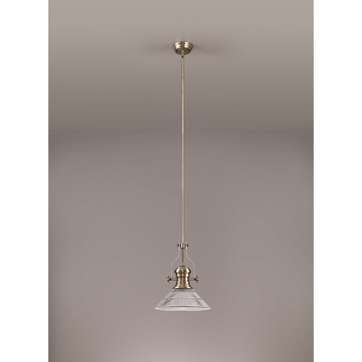 Nelson Lighting NLK01189 Louis 1 Light Telescopic Pendant With 30cm Cone Glass Shade Antique Brass/Clear