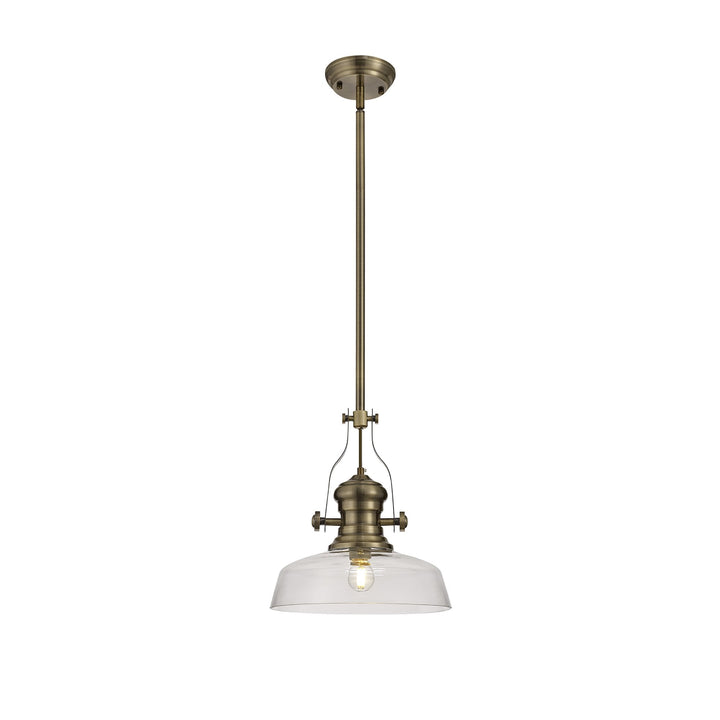 Nelson Lighting NLK01219 Louis 1 Light Telescopic Pendant With 30cm Flat Round Glass Shade Antique Brass/Clear