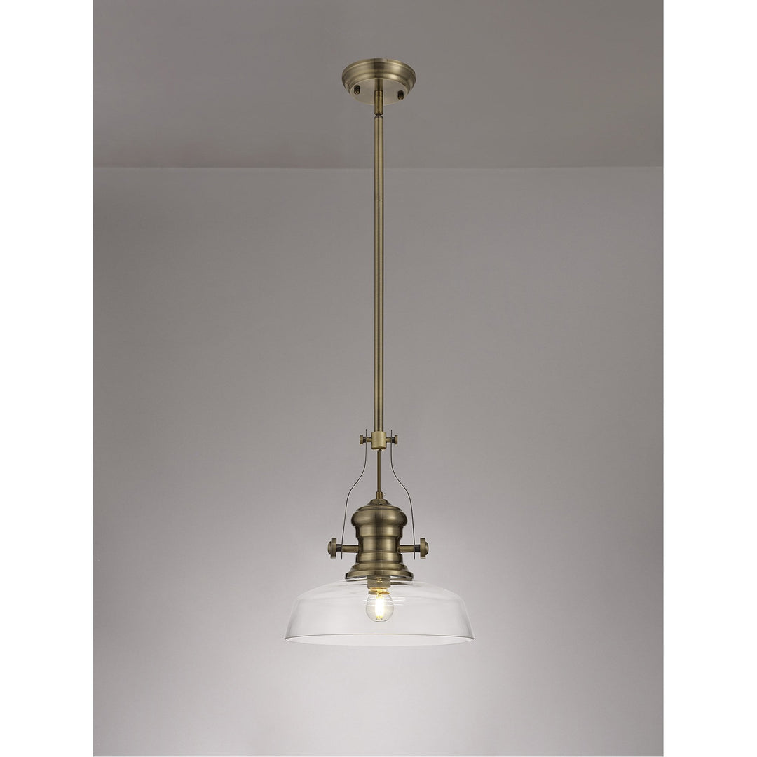 Nelson Lighting NLK01219 Louis 1 Light Telescopic Pendant With 30cm Flat Round Glass Shade Antique Brass/Clear