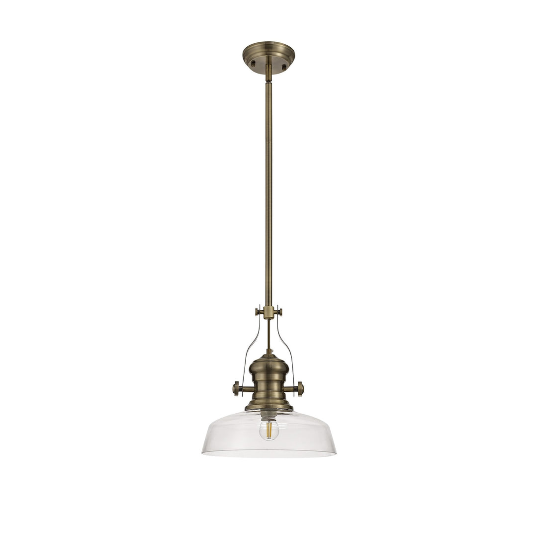 Nelson Lighting NLK01219 Louis 1 Light Telescopic Pendant With 30cm Flat Round Glass Shade Antique Brass/Clear