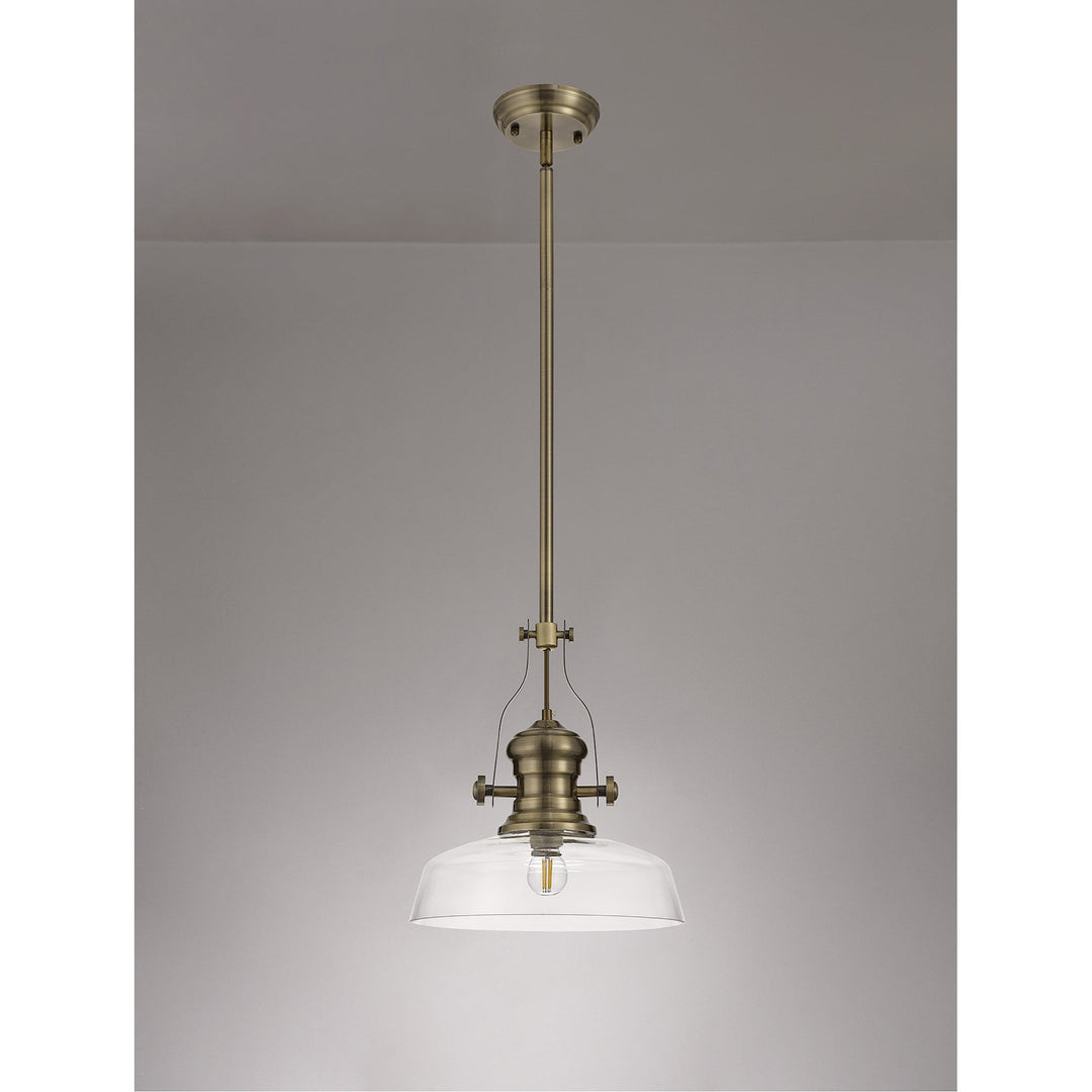 Nelson Lighting NLK01219 Louis 1 Light Telescopic Pendant With 30cm Flat Round Glass Shade Antique Brass/Clear