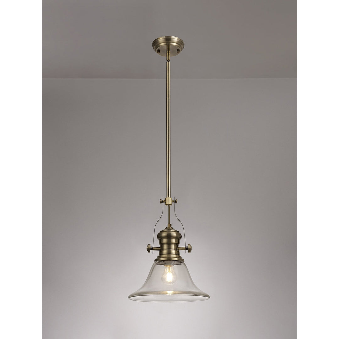 Nelson Lighting NLK01229 Louis 1 Light Telescopic Pendant With 30cm Smooth Bell Glass Shade Antique Brass/Clear