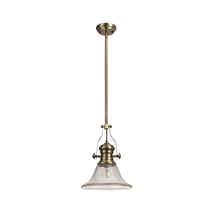 Nelson Lighting NLK01229 Louis 1 Light Telescopic Pendant With 30cm Smooth Bell Glass Shade Antique Brass/Clear