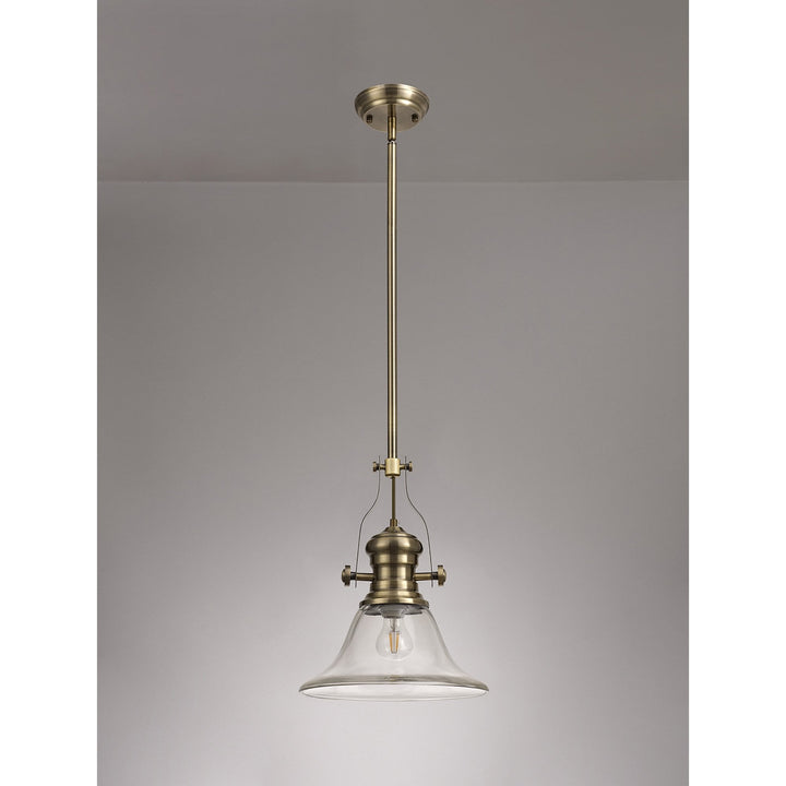 Nelson Lighting NLK01229 Louis 1 Light Telescopic Pendant With 30cm Smooth Bell Glass Shade Antique Brass/Clear