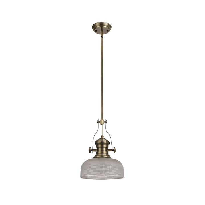 Nelson Lighting NLK01239 Louis 1 Light Telescopic Pendant With 26.5cm Prismatic Glass Shade Antique Brass/Clear