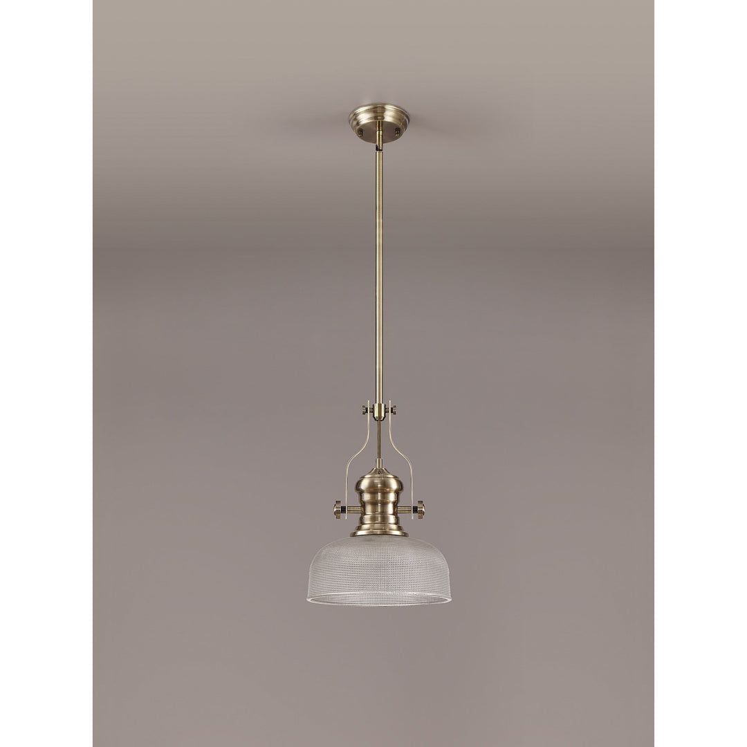 Nelson Lighting NLK01239 Louis 1 Light Telescopic Pendant With 26.5cm Prismatic Glass Shade Antique Brass/Clear
