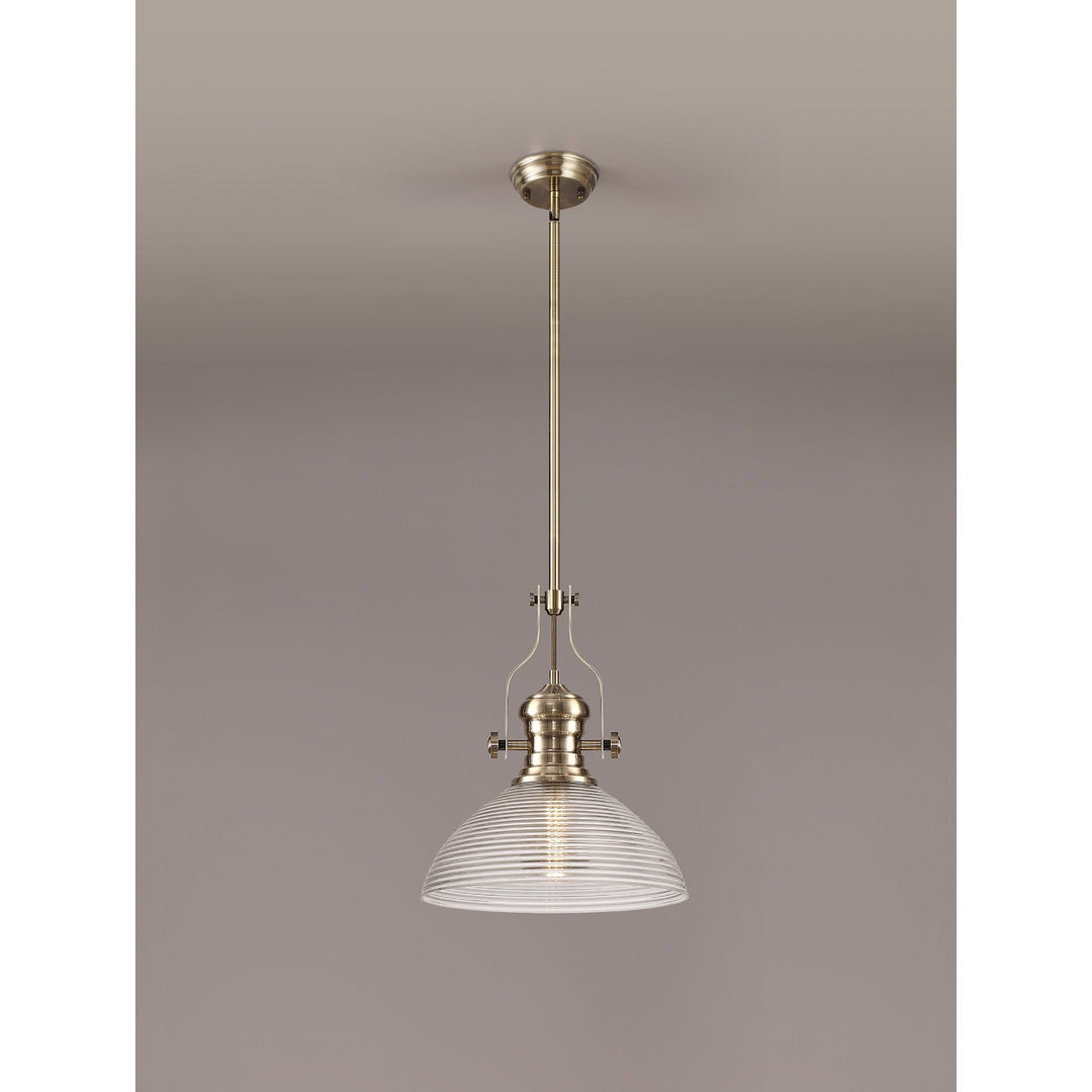 Nelson Lighting NLK01249 Louis 1 Light Telescopic Pendant With 33.5cm Prismatic Glass Shade Antique Brass/Clear