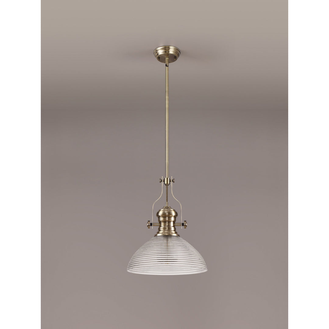 Nelson Lighting NLK01249 Louis 1 Light Telescopic Pendant With 33.5cm Prismatic Glass Shade Antique Brass/Clear