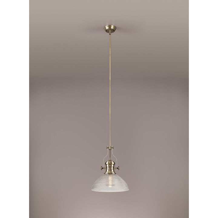 Nelson Lighting NLK01249 Louis 1 Light Telescopic Pendant With 33.5cm Prismatic Glass Shade Antique Brass/Clear