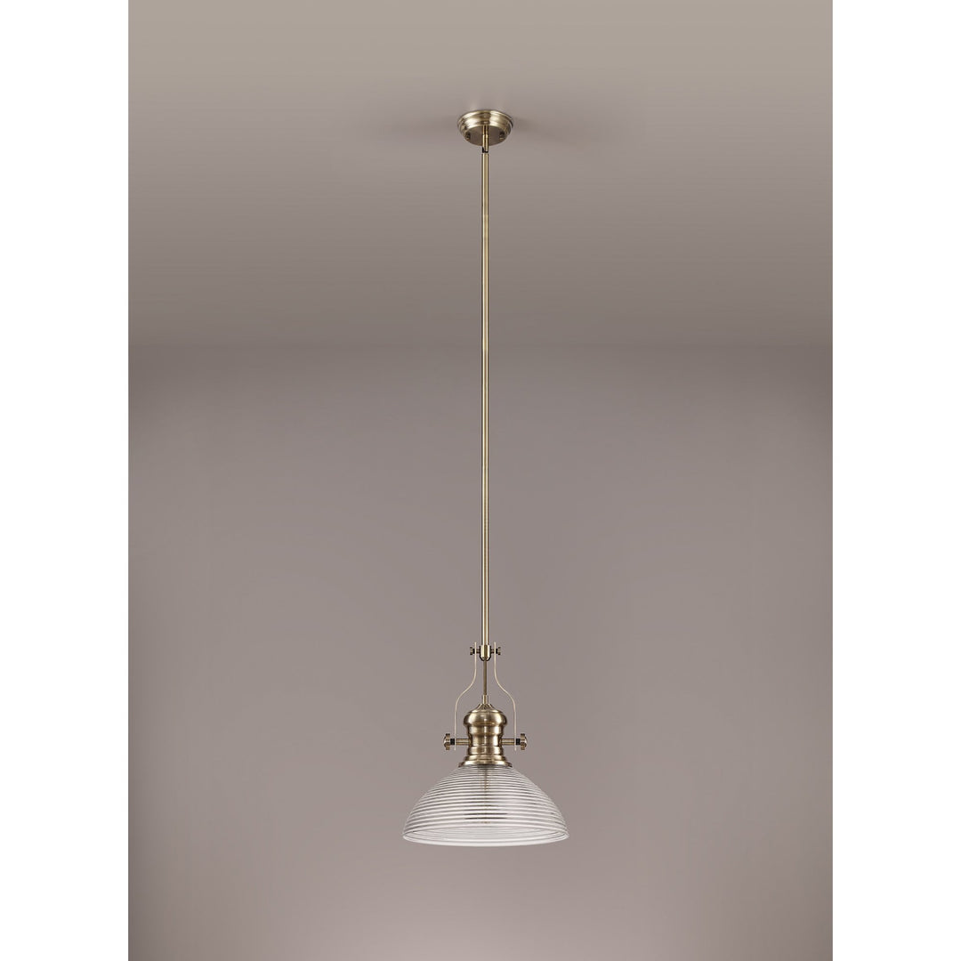 Nelson Lighting NLK01249 Louis 1 Light Telescopic Pendant With 33.5cm Prismatic Glass Shade Antique Brass/Clear