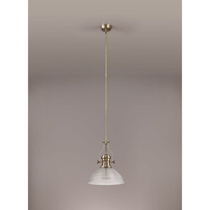 Nelson Lighting NLK01249 Louis 1 Light Telescopic Pendant With 33.5cm Prismatic Glass Shade Antique Brass/Clear