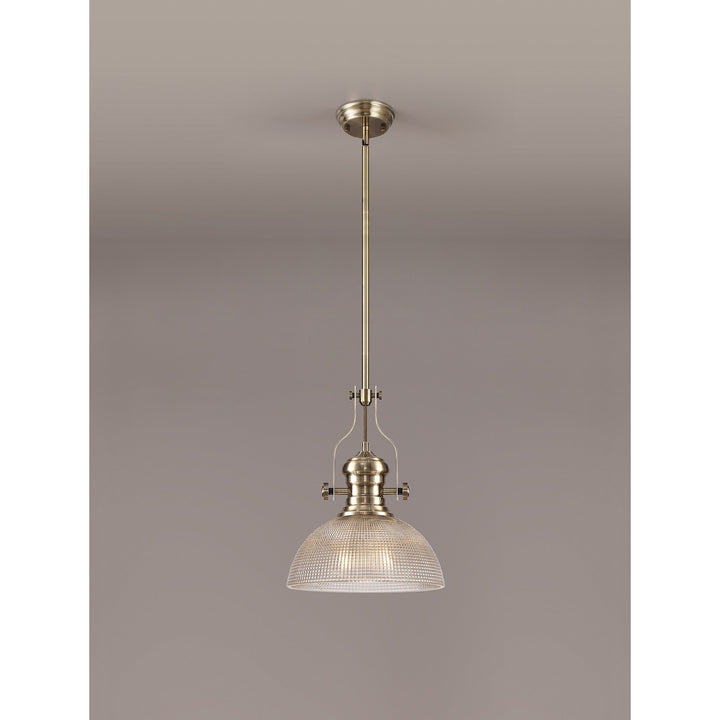 Nelson Lighting NLK01259 Louis 1 Light Telescopic Pendant With 30cm Prismatic Glass Shade Antique Brass/Clear