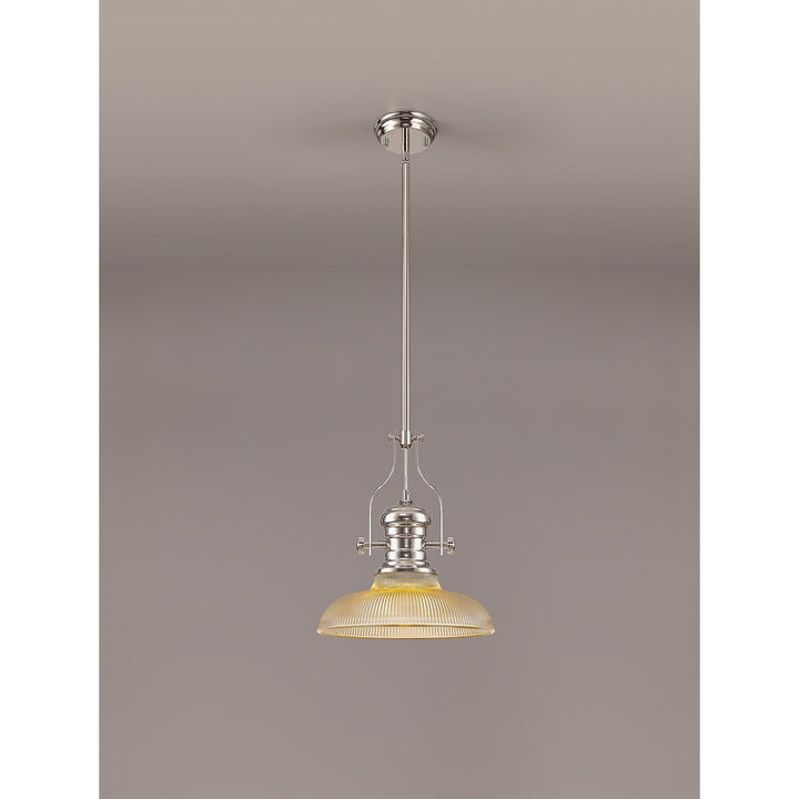 Nelson Lighting NLK01269 Louis 1 Light Telescopic Pendant With 30cm Round Glass Shade Polished Nickel/Amber