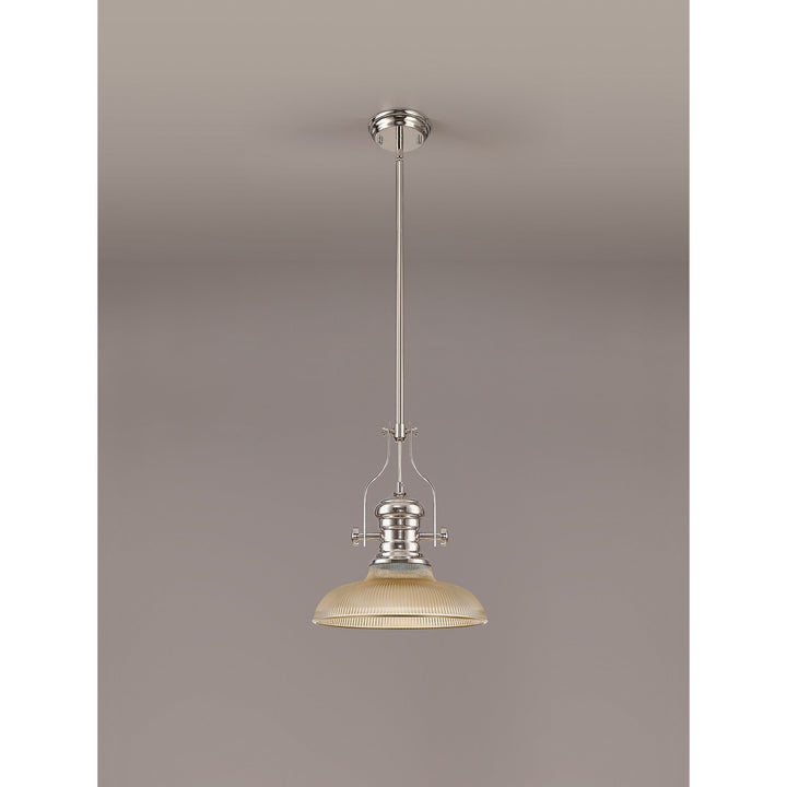 Nelson Lighting NLK01269 Louis 1 Light Telescopic Pendant With 30cm Round Glass Shade Polished Nickel/Amber