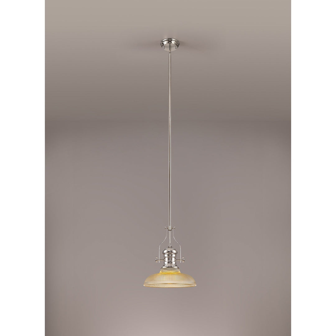 Nelson Lighting NLK01269 Louis 1 Light Telescopic Pendant With 30cm Round Glass Shade Polished Nickel/Amber