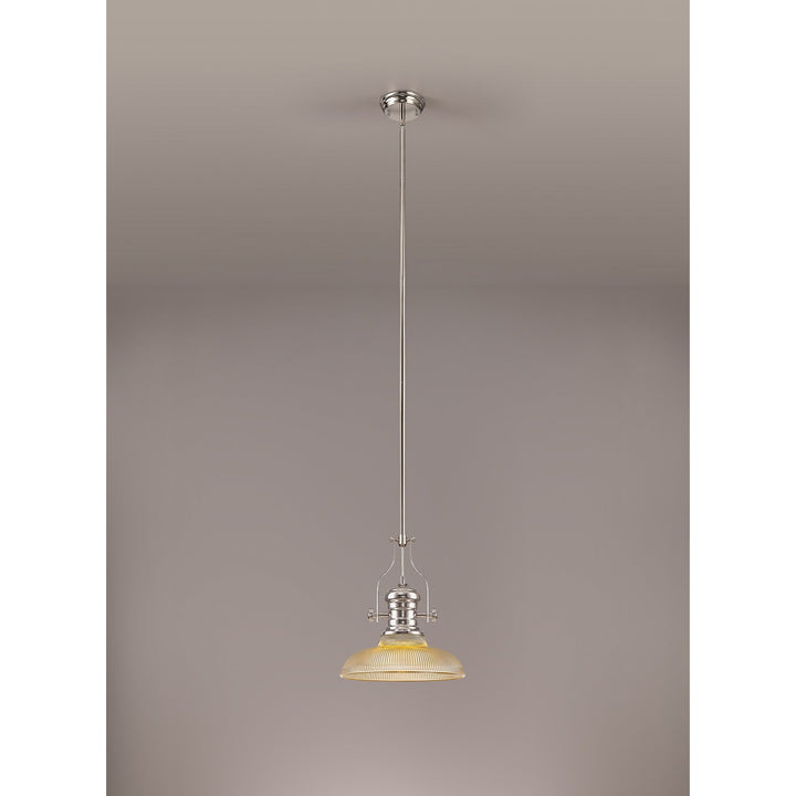 Nelson Lighting NLK01269 Louis 1 Light Telescopic Pendant With 30cm Round Glass Shade Polished Nickel/Amber