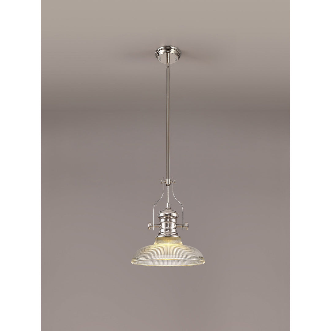 Nelson Lighting NLK01289 Louis 1 Light Telescopic Pendant With 30cm Round Glass Shade Polished Nickel/Clear