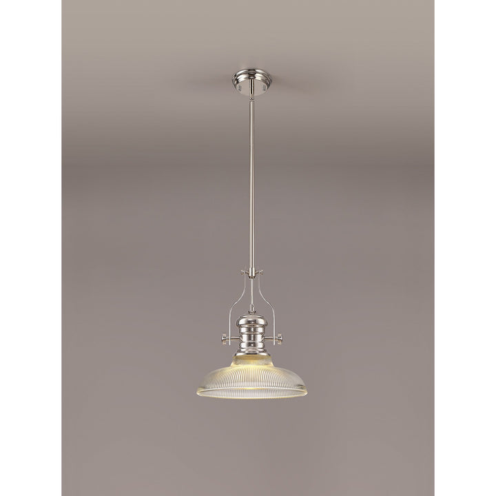 Nelson Lighting NLK01289 Louis 1 Light Telescopic Pendant With 30cm Round Glass Shade Polished Nickel/Clear