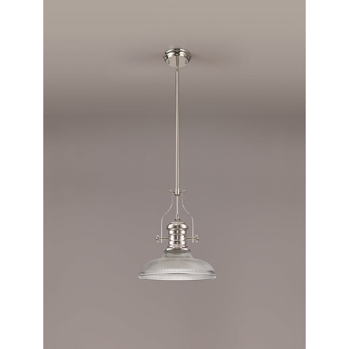 Nelson Lighting NLK01289 Louis 1 Light Telescopic Pendant With 30cm Round Glass Shade Polished Nickel/Clear