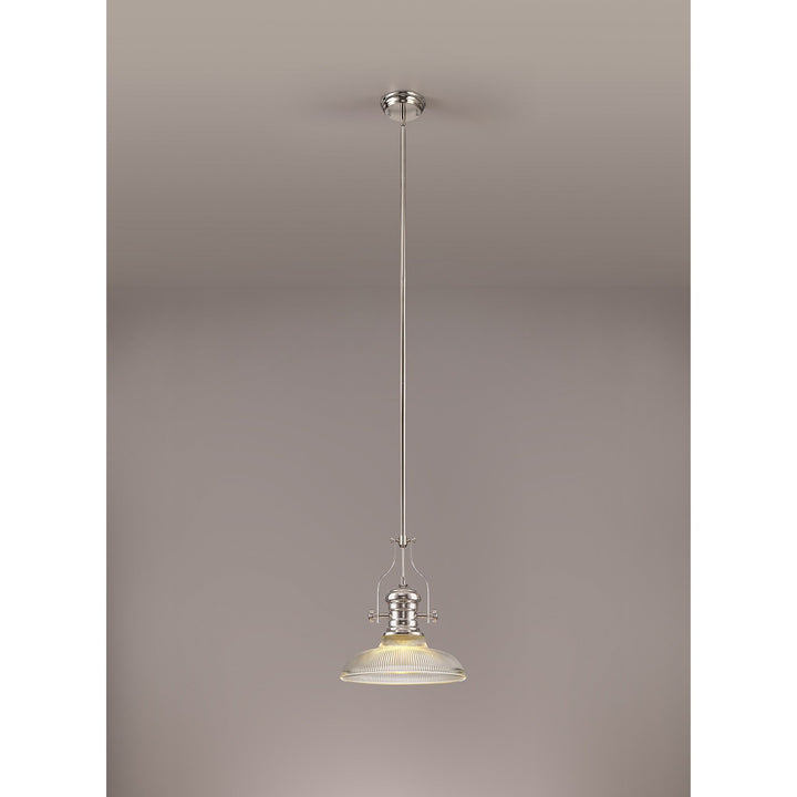 Nelson Lighting NLK01289 Louis 1 Light Telescopic Pendant With 30cm Round Glass Shade Polished Nickel/Clear