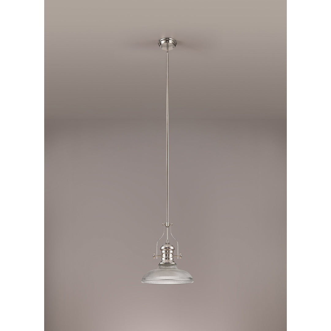 Nelson Lighting NLK01289 Louis 1 Light Telescopic Pendant With 30cm Round Glass Shade Polished Nickel/Clear