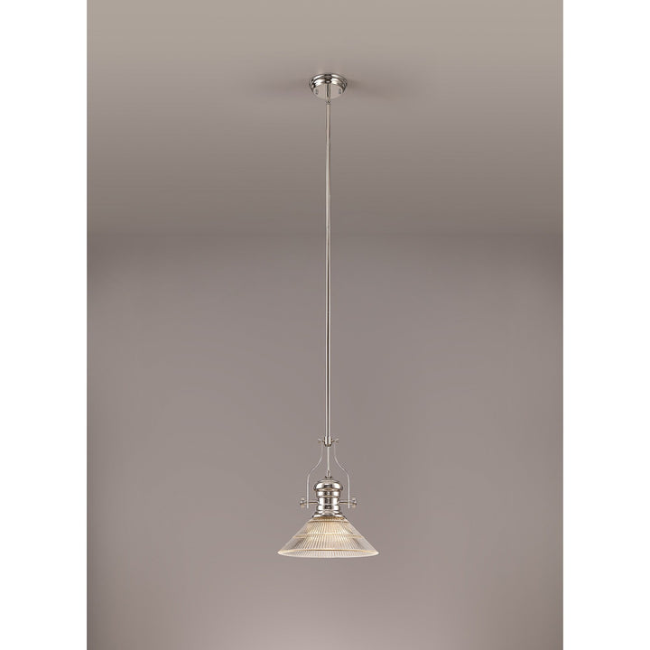 Nelson Lighting NLK01309 Louis 1 Light Telescopic Pendant With 30cm Cone Glass Shade Polished Nickel/Clear