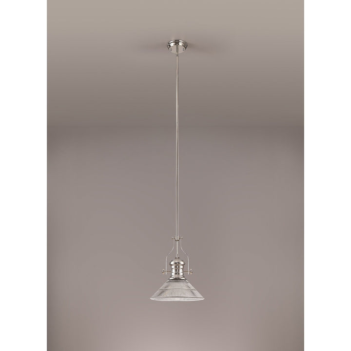 Nelson Lighting NLK01309 Louis 1 Light Telescopic Pendant With 30cm Cone Glass Shade Polished Nickel/Clear