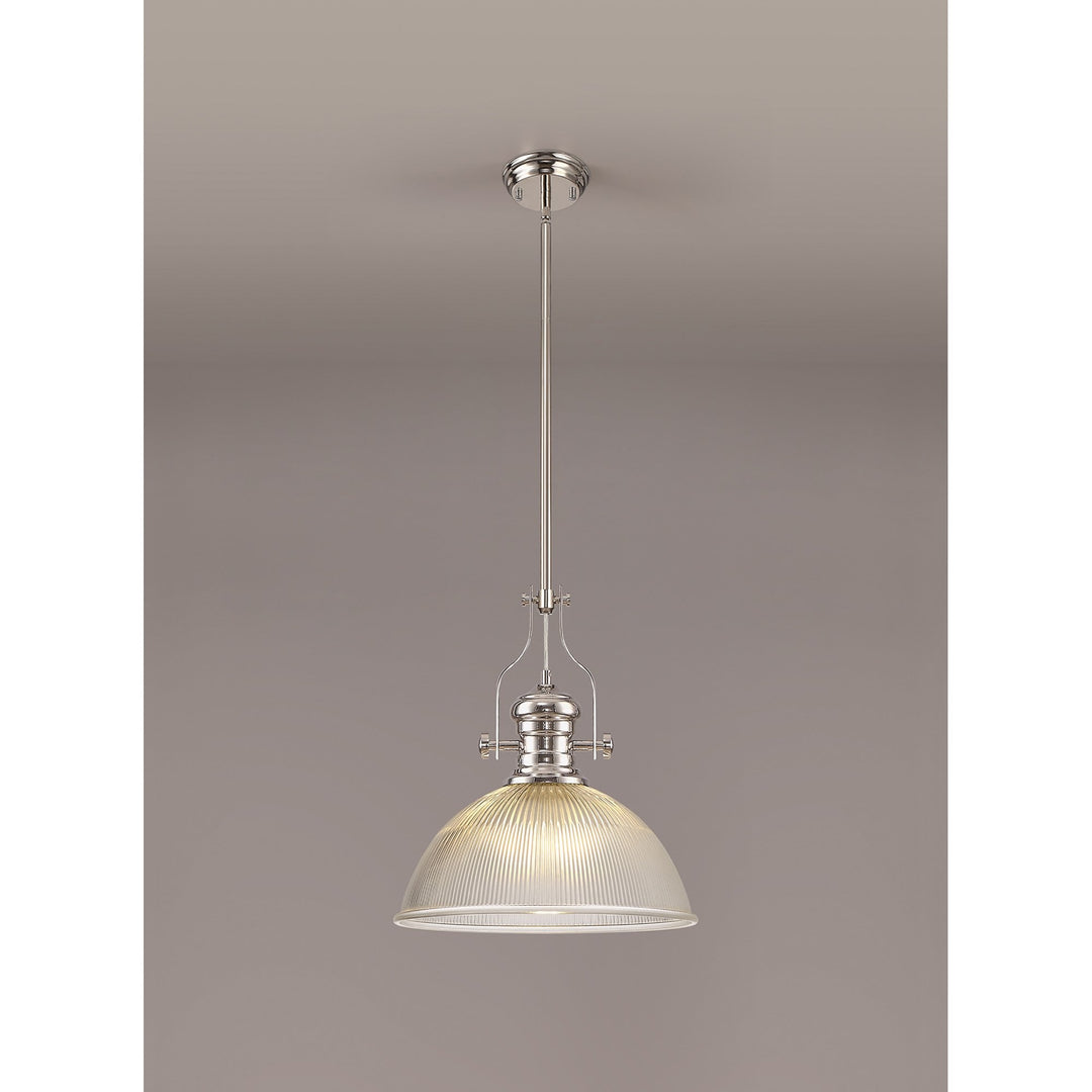 Nelson Lighting NLK01329 Louis 1 Light Telescopic Pendant With 38cm Dome Glass Shade Polished Nickel/Clear