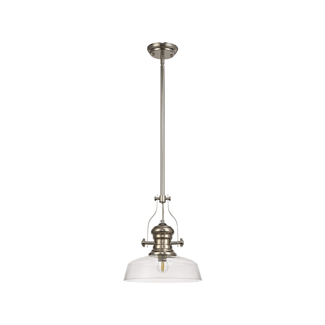 Nelson Lighting NLK01339 Louis 1 Light Telescopic Pendant With 30cm Flat Round Glass Shade Polished Nickel/Clear