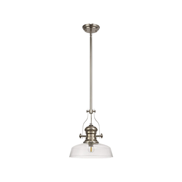 Nelson Lighting NLK01339 Louis 1 Light Telescopic Pendant With 30cm Flat Round Glass Shade Polished Nickel/Clear