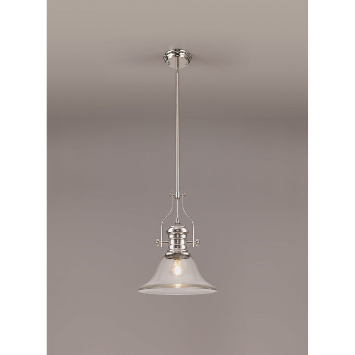 Nelson Lighting NLK01349 Louis 1 Light Telescopic Pendant 30cm Smooth Bell Glass Shade Polished Nickel/Clear