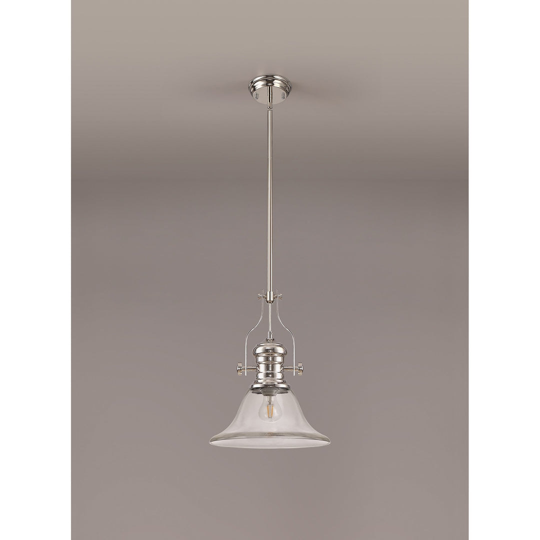 Nelson Lighting NLK01349 Louis 1 Light Telescopic Pendant 30cm Smooth Bell Glass Shade Polished Nickel/Clear