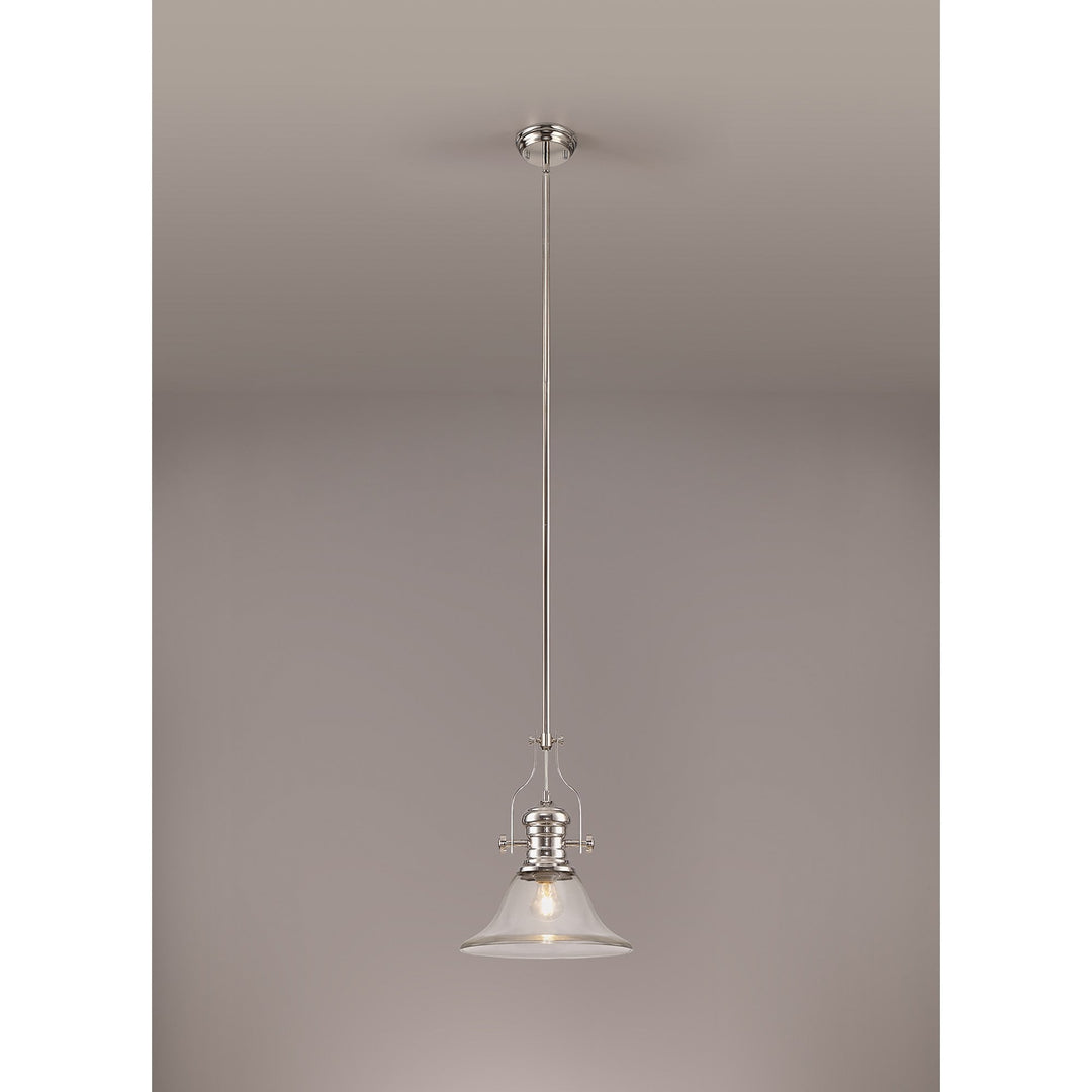 Nelson Lighting NLK01349 Louis 1 Light Telescopic Pendant 30cm Smooth Bell Glass Shade Polished Nickel/Clear