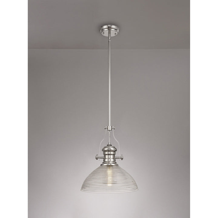 Nelson Lighting NLK01369 Louis 1 Light Telescopic Pendant 33.5cm Prismatic Glass Shade Polished Nickel/Clear