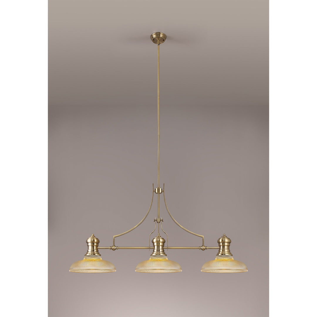 Nelson Lighting NLK03529 Louis 3 Light Telescopic Pendant With 30cm Round Glass Shade Antique Brass/Amber