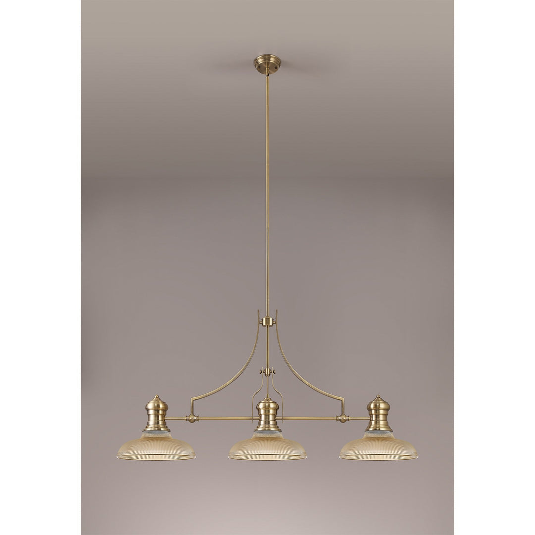 Nelson Lighting NLK03529 Louis 3 Light Telescopic Pendant With 30cm Round Glass Shade Antique Brass/Amber