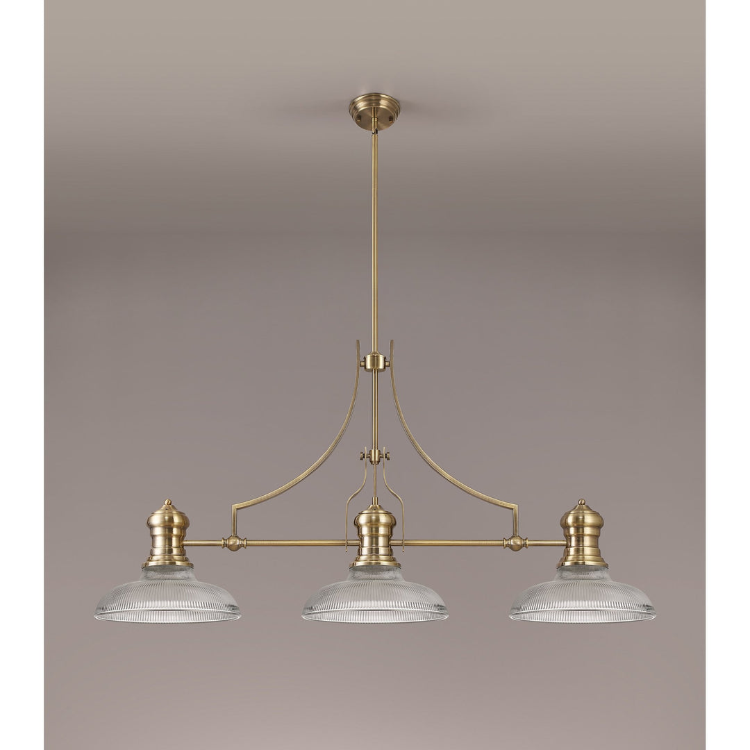 Nelson Lighting NLK03549 Louis 3 Light Telescopic Pendant With 30cm Round Glass Shade Antique Brass/Clear