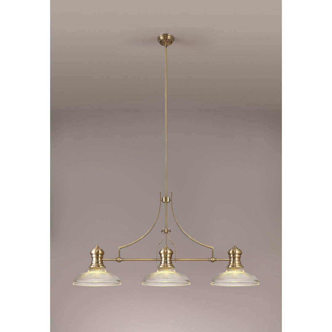 Nelson Lighting NLK03549 Louis 3 Light Telescopic Pendant With 30cm Round Glass Shade Antique Brass/Clear