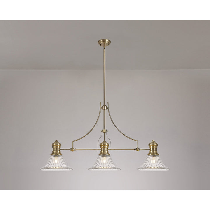 Nelson Lighting NLK03559 Louis 3 Light Telescopic Pendant With 30cm Bell Glass Shade Antique Brass/Clear